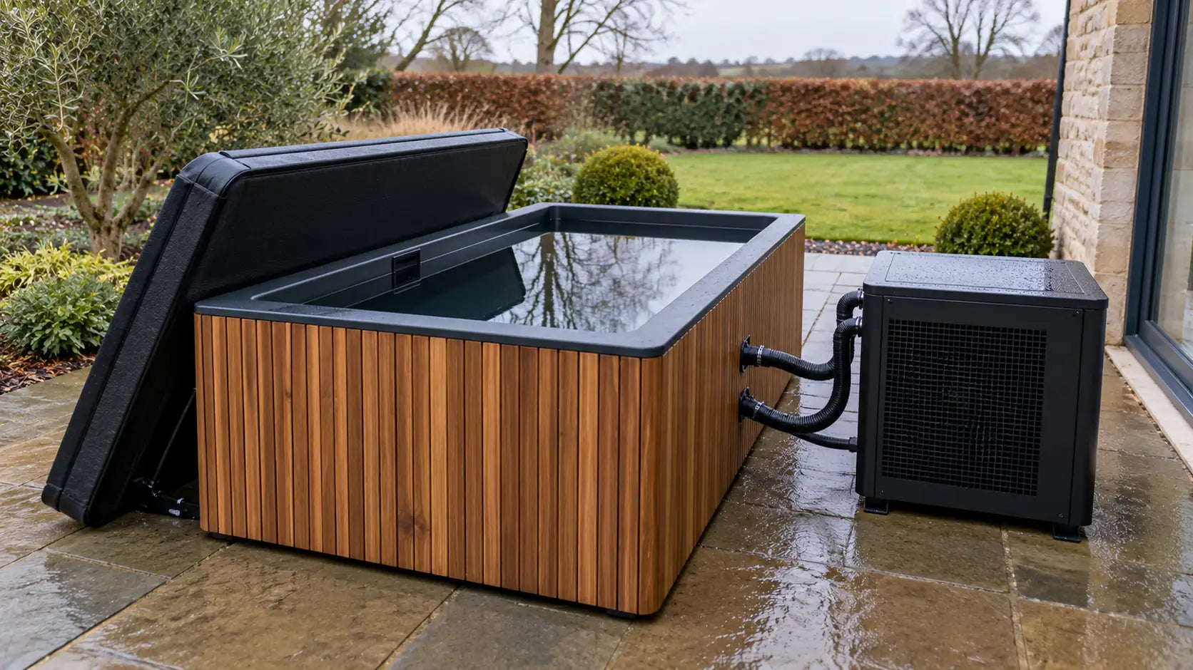 Cold plunge with its insulated lid lifted, showing the insulated wall and the chiller plumbed in