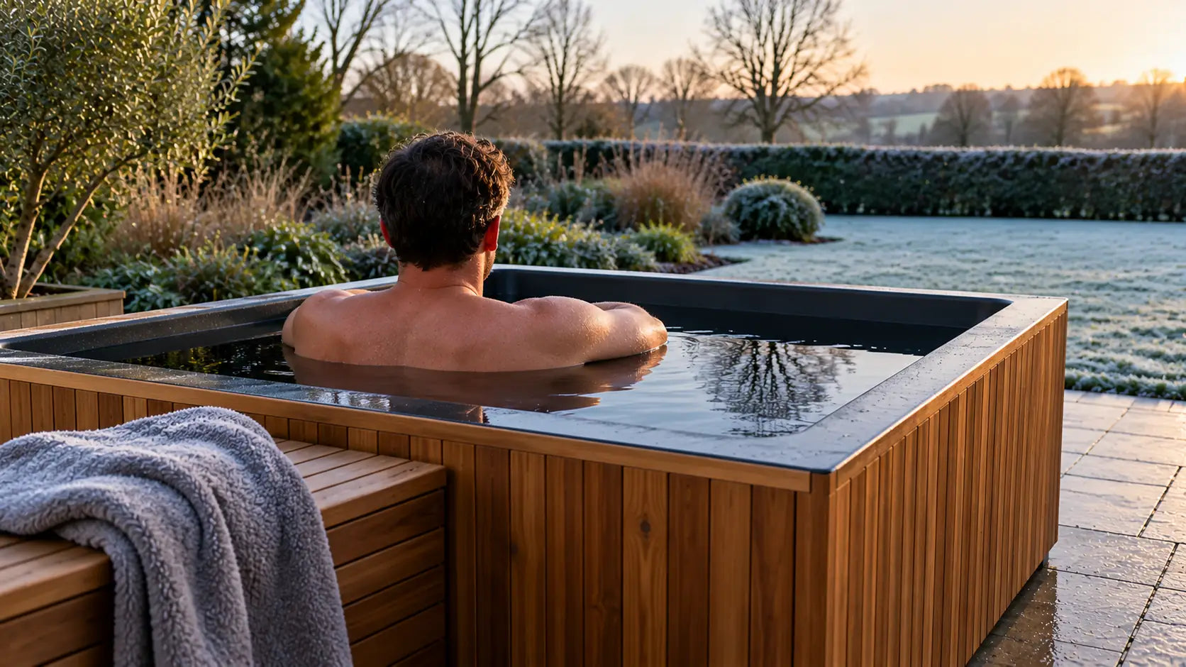 A person sitting shoulder deep in an outdoor cold plunge, seen from behind with hands on the rim