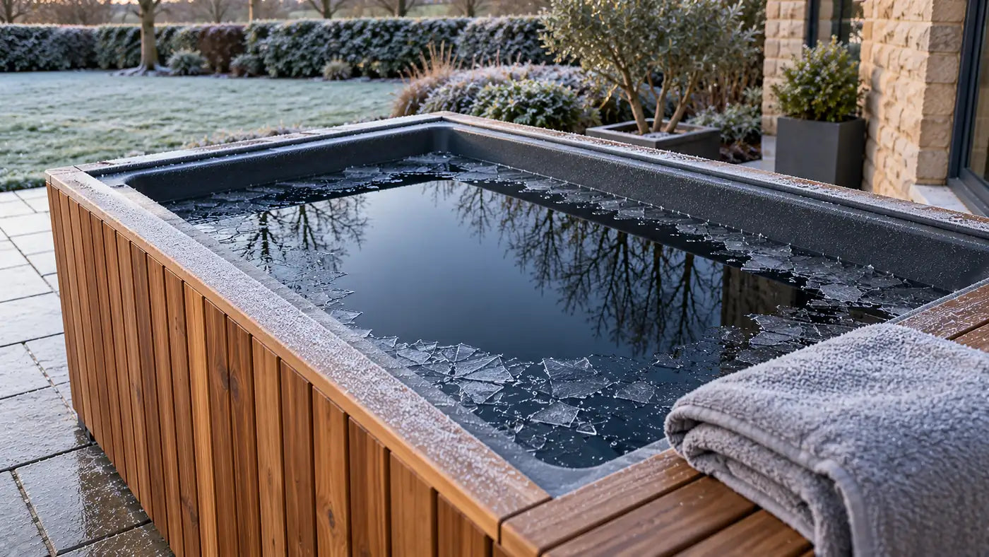 Surface of an outdoor cold plunge, dark still water with a thin skim of ice at the rim