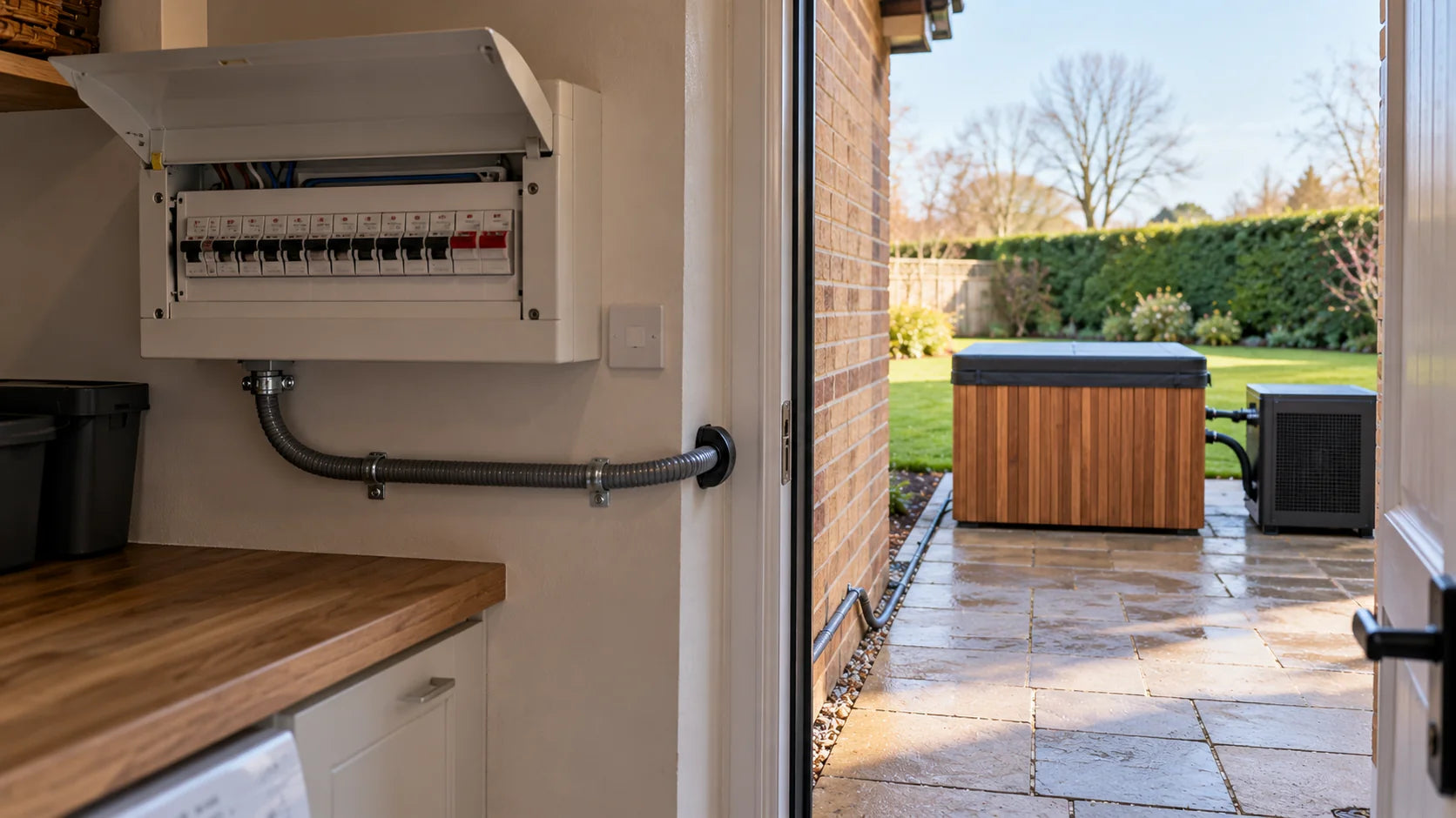 Consumer unit with an armoured cable running out to a cold plunge on the patio