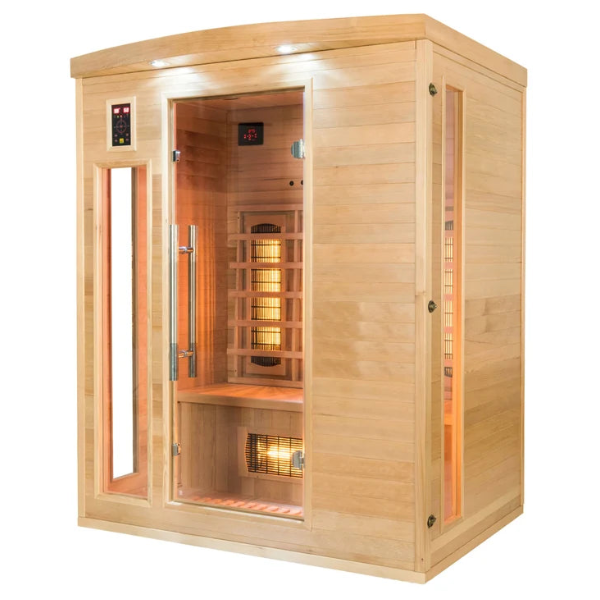 A France Sauna Apollon 3C: Corner Infrared Sauna cabin with glass panels, digital temperature and time displays, and built-in wooden benches