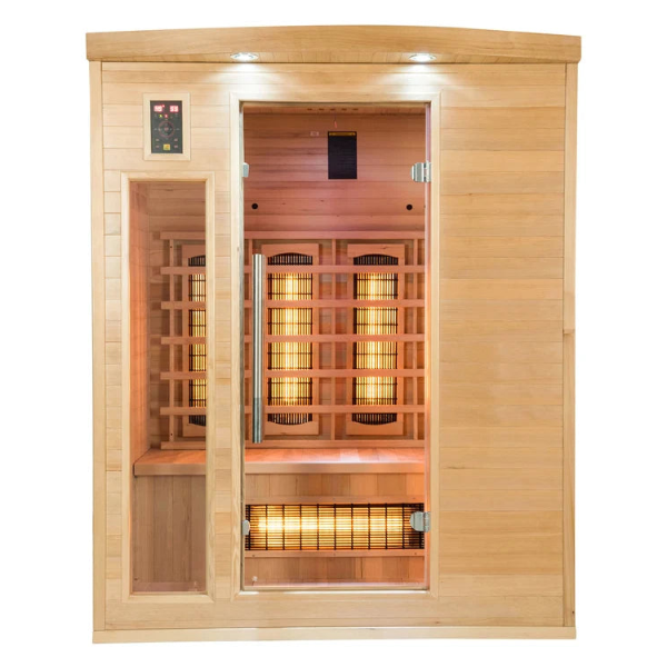 A France Sauna Apollon 3C: Corner Infrared Sauna  showing  glowing heating elements