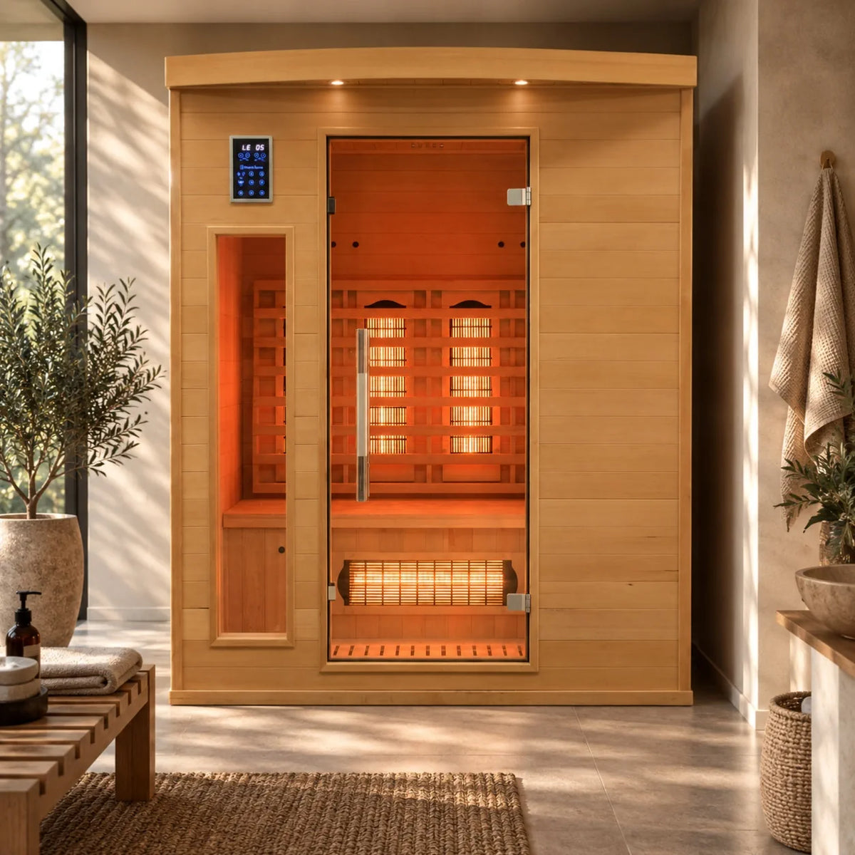 France Sauna Apollon 2 sauna cabin with a digital control screen, set in a modern, sunlit spa room with plants and neutral-toned decor.
