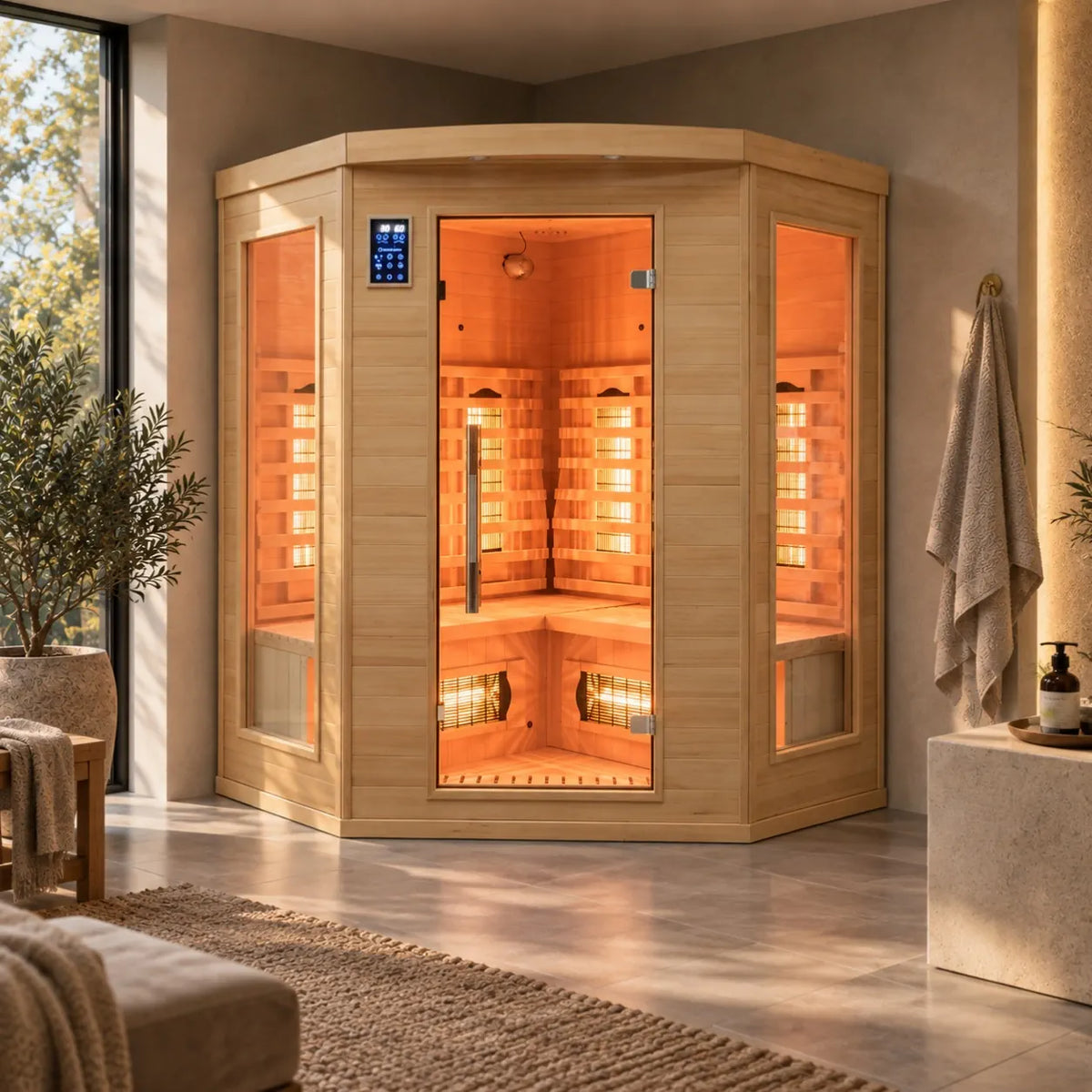 A France Sauna Apollon 3C: Corner Infrared Sauna with glass doors and warm orange interior lighting, placed in a modern spa-like room with a towel, rug, and potted plant nearby.