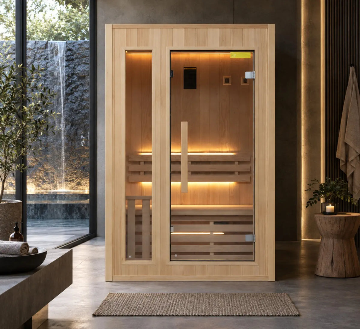 A modern wooden infrared France Sauna Zen 2: 2 Person Indoor Sauna with glass doors and warm interior lighting