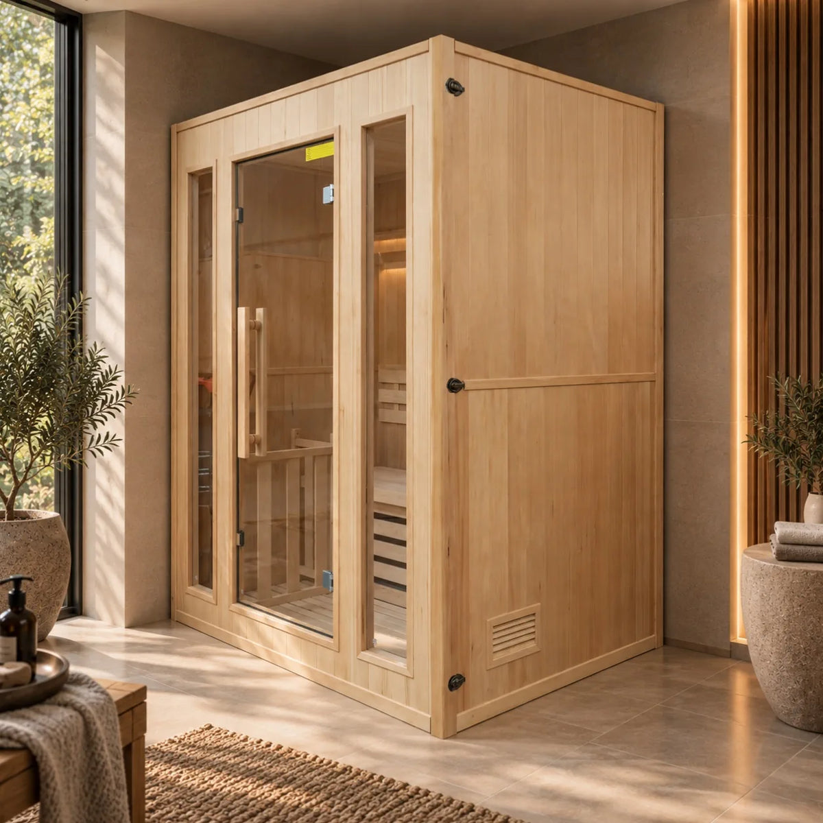 A light natural wood France Sauna Zen 3: 3 Person Indoor Sauna with glass doors and visible wooden seating inside
