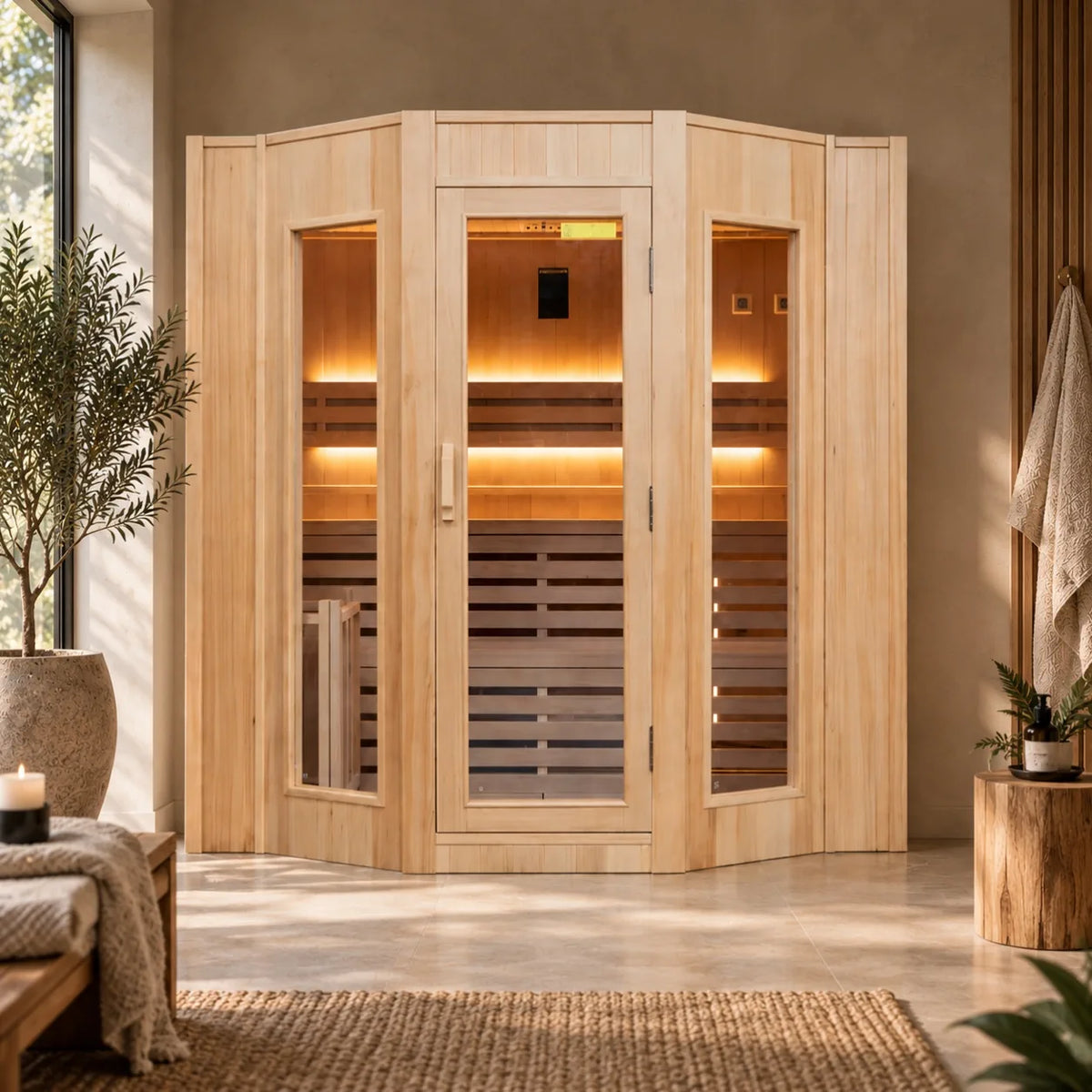 A France Sauna Zen 4 indoor sauna with warm interior lighting, placed in a styled room with plants, a bench, and a rug.