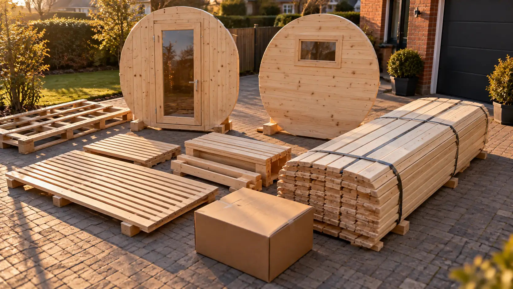 Barrel sauna kit laid out on a driveway: stacked staves, two end walls with door and window, benches, floor grid and heater box