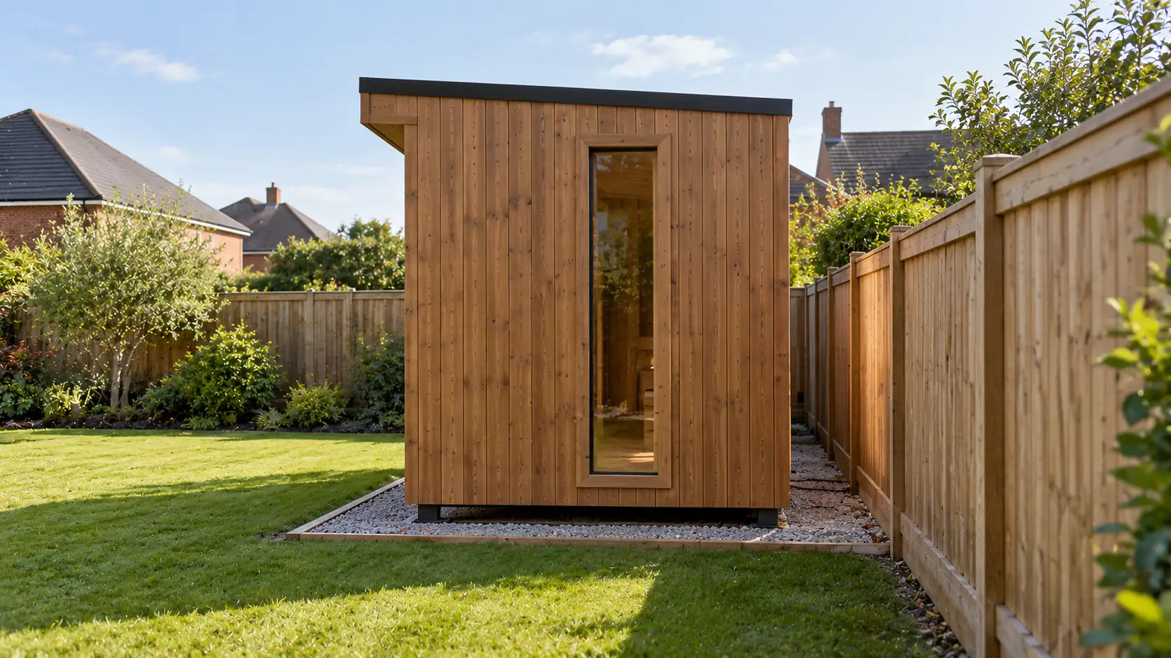 Garden sauna sited beside a boundary fence, seen side on with the gap and roof height visible