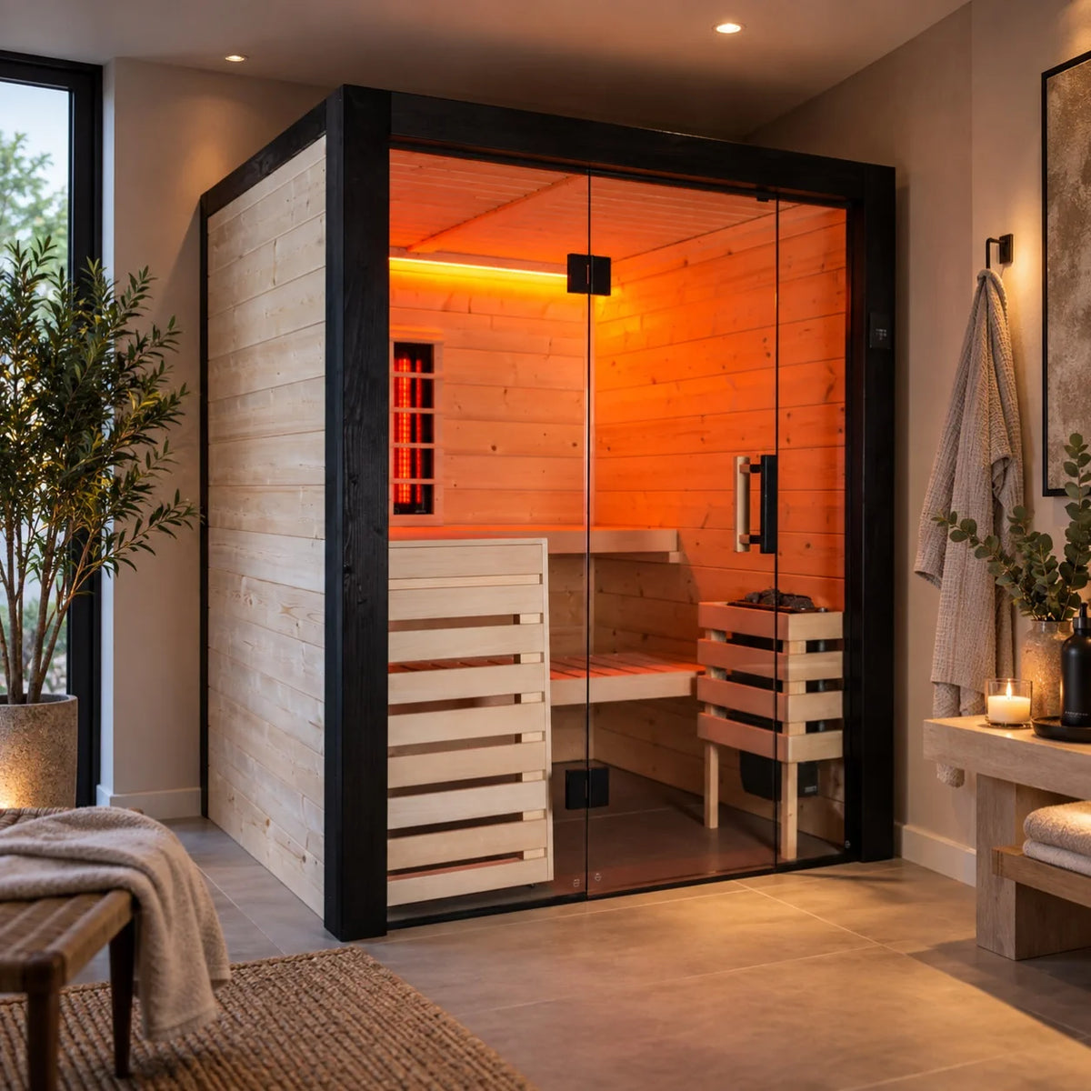 Harvia Family Hybrid Small indoor sauna, front view in a modern British home.