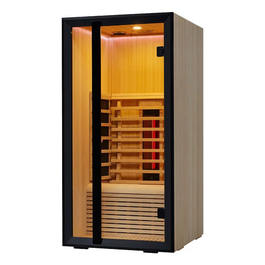 Harvia Onni infrared sauna with warm orange interior lighting