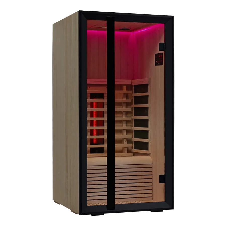 Harvia Onni infrared sauna with interior LED lighting showing pink and red ambient light