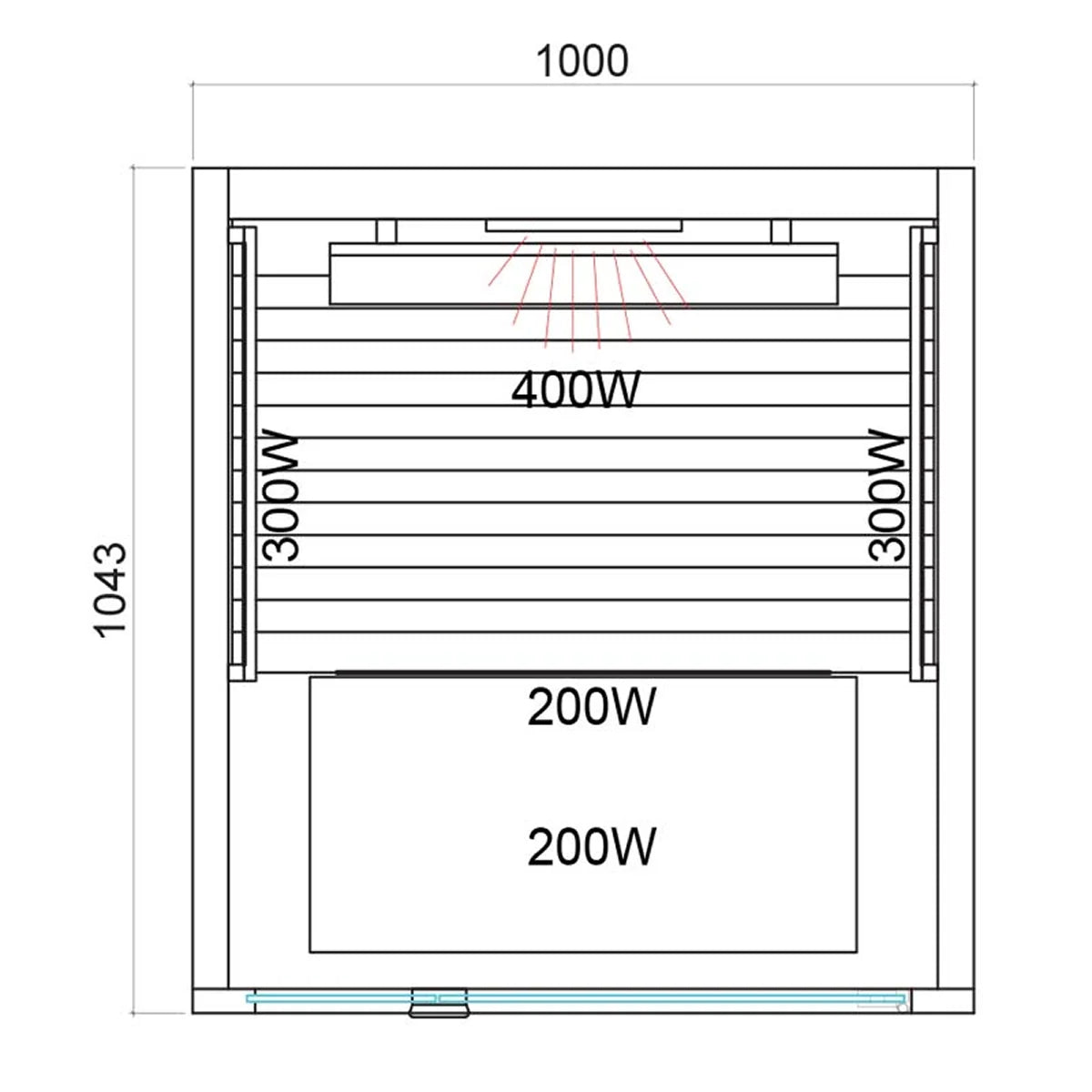 Harvia Onni infrared sauna technical dimension showing measurements 1000 in width and 1043 in height