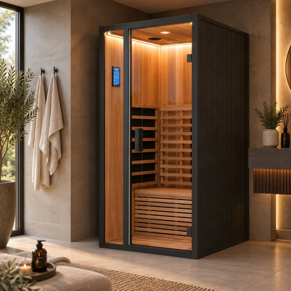 Harvia Onni Infrared one person Sauna in a modern British home. LED lights are seen illuminating the interior. 