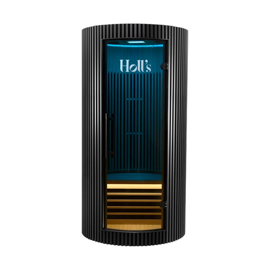 A modern black Holl's Moon 1 wooden sauna cabin with a curved exterior with a black ribbed exterior, a glass door showing a blue interior