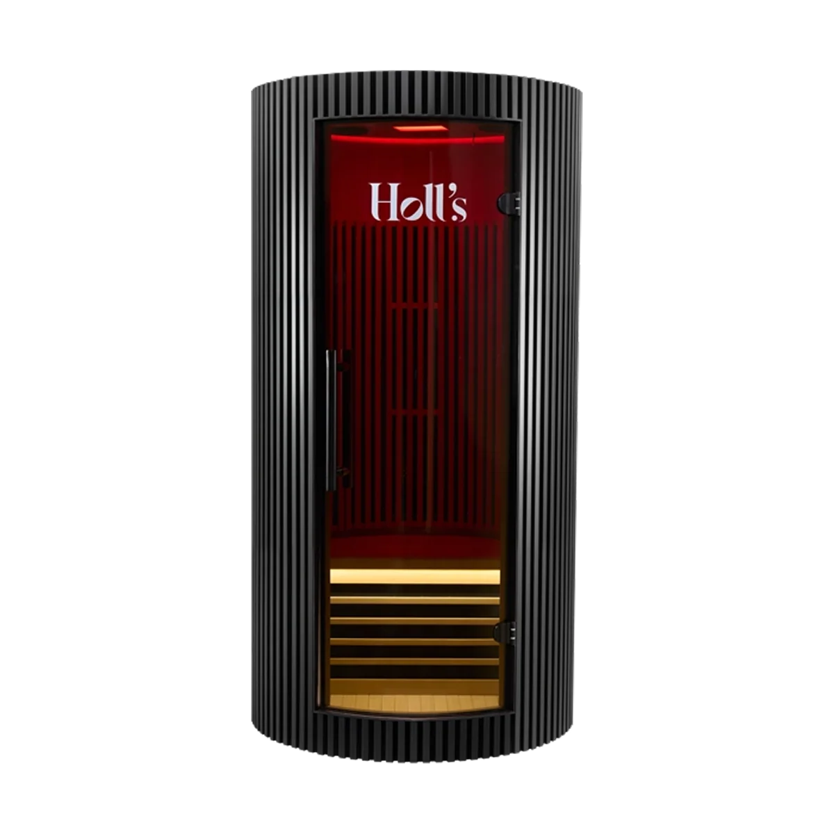 A black Holl's Moon 1 wooden sauna cabin with a curved exterior cylindrical hot air sauna with a red-tinted glass door and wood interior