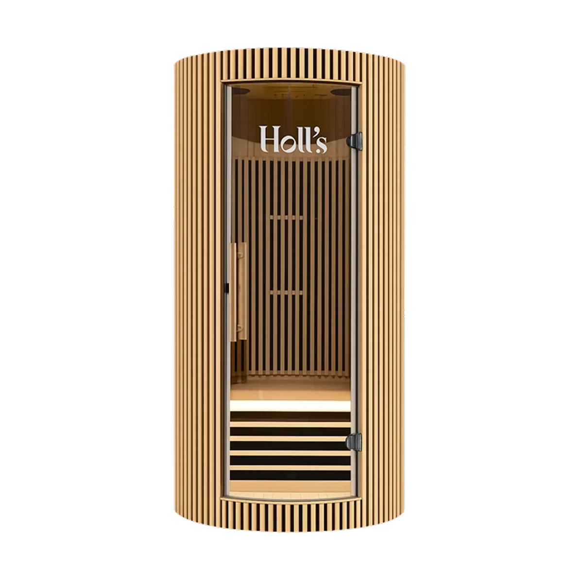 A Holl's Moon 1 wooden sauna cabin with a curved exterior, vertical wood slats, a glass door, and light wood interior shelves
