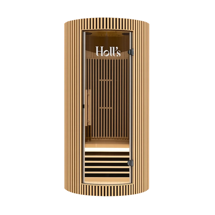 A Holl's Moon 1 wooden sauna cabin with a curved exterior, vertical wood slats, a glass door, and light wood interior shelves