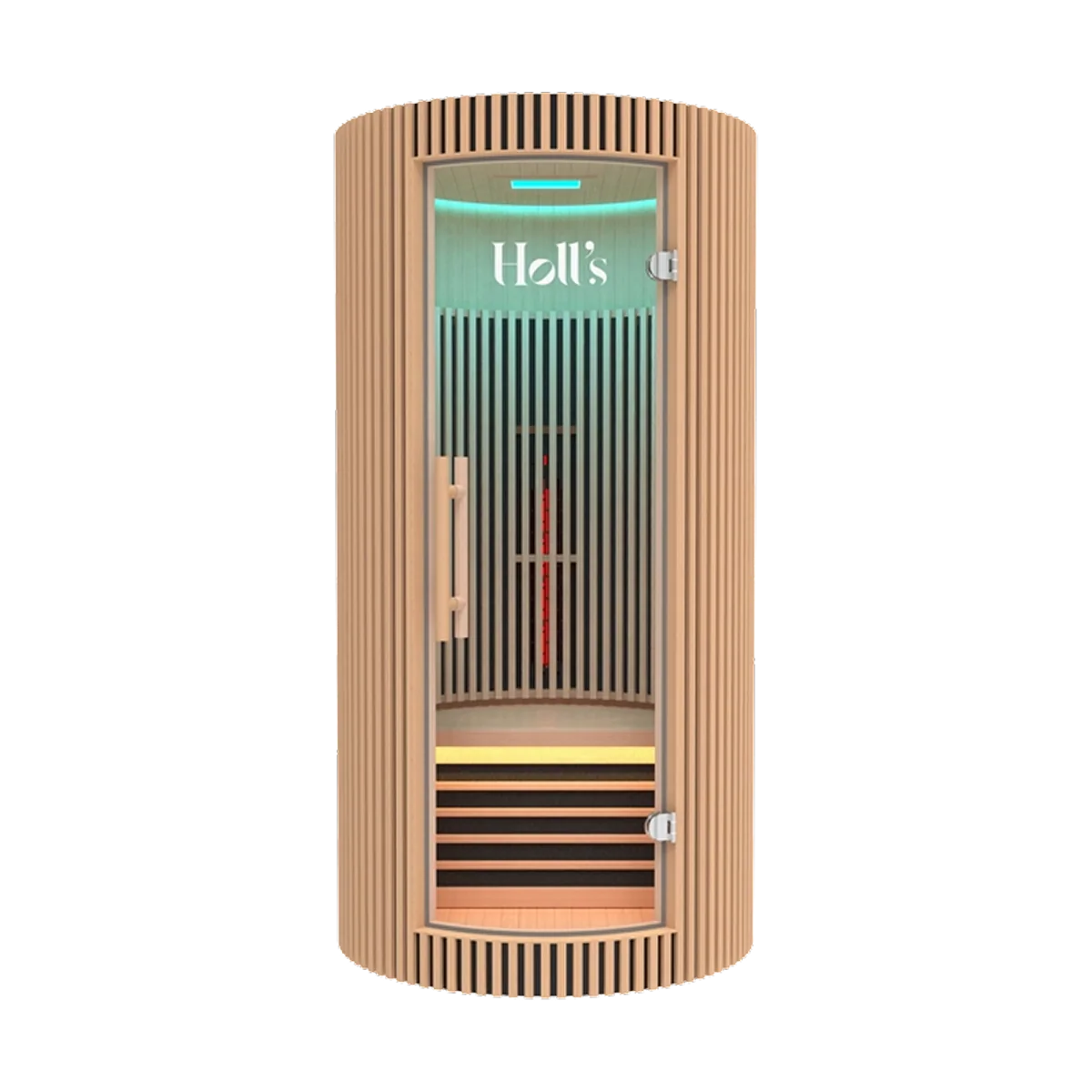 A modern Holl's Moon 1 wooden sauna cabin with a curved exterior cabin with a slatted wood exterior, glass door, interior wooden steps