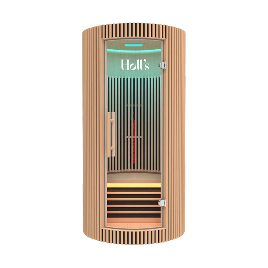 A modern Holl's Moon 1 wooden sauna cabin with a curved exterior cabin with a slatted wood exterior, glass door, interior wooden steps