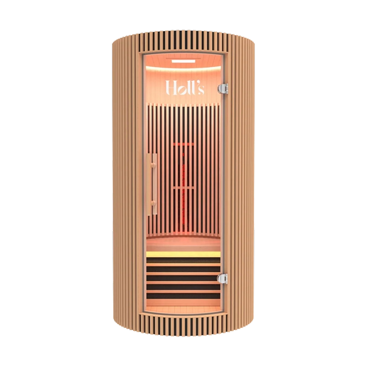 A Holl's Moon 1 wooden sauna cabin with a curved exterior sauna cabin with a slatted wood exterior, glass door, and warm red-orange interior lighting