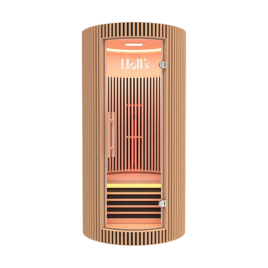 A Holl's Moon 1 wooden sauna cabin with a curved exterior sauna cabin with a slatted wood exterior, glass door, and warm red-orange interior lighting
