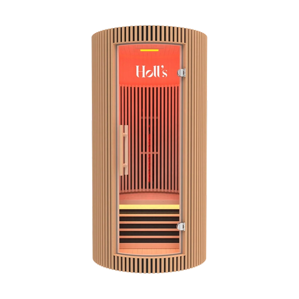 A Holl's Moon 1 wooden sauna cabin with a curved exterior with a light wood slatted exterior, a glass door, and a bright red interior with visible infrared-style heating elements.