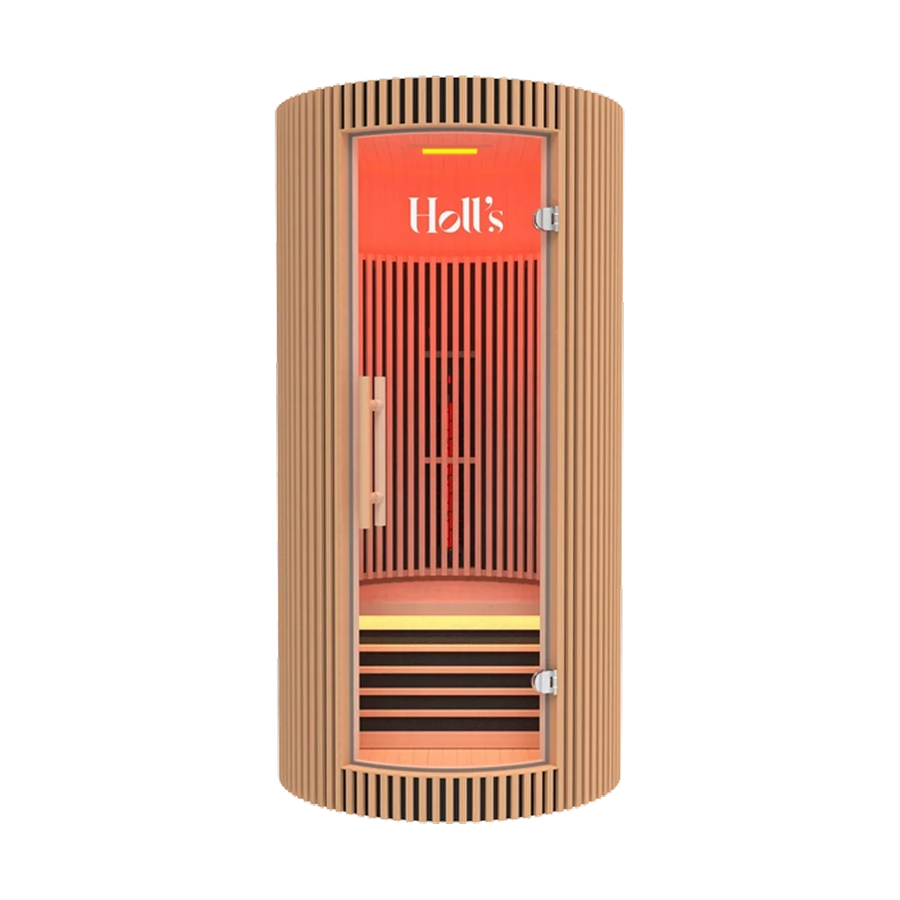 A Holl's Moon 1 wooden sauna cabin with a curved exterior with a light wood slatted exterior, a glass door, and a bright red interior with visible infrared-style heating elements.