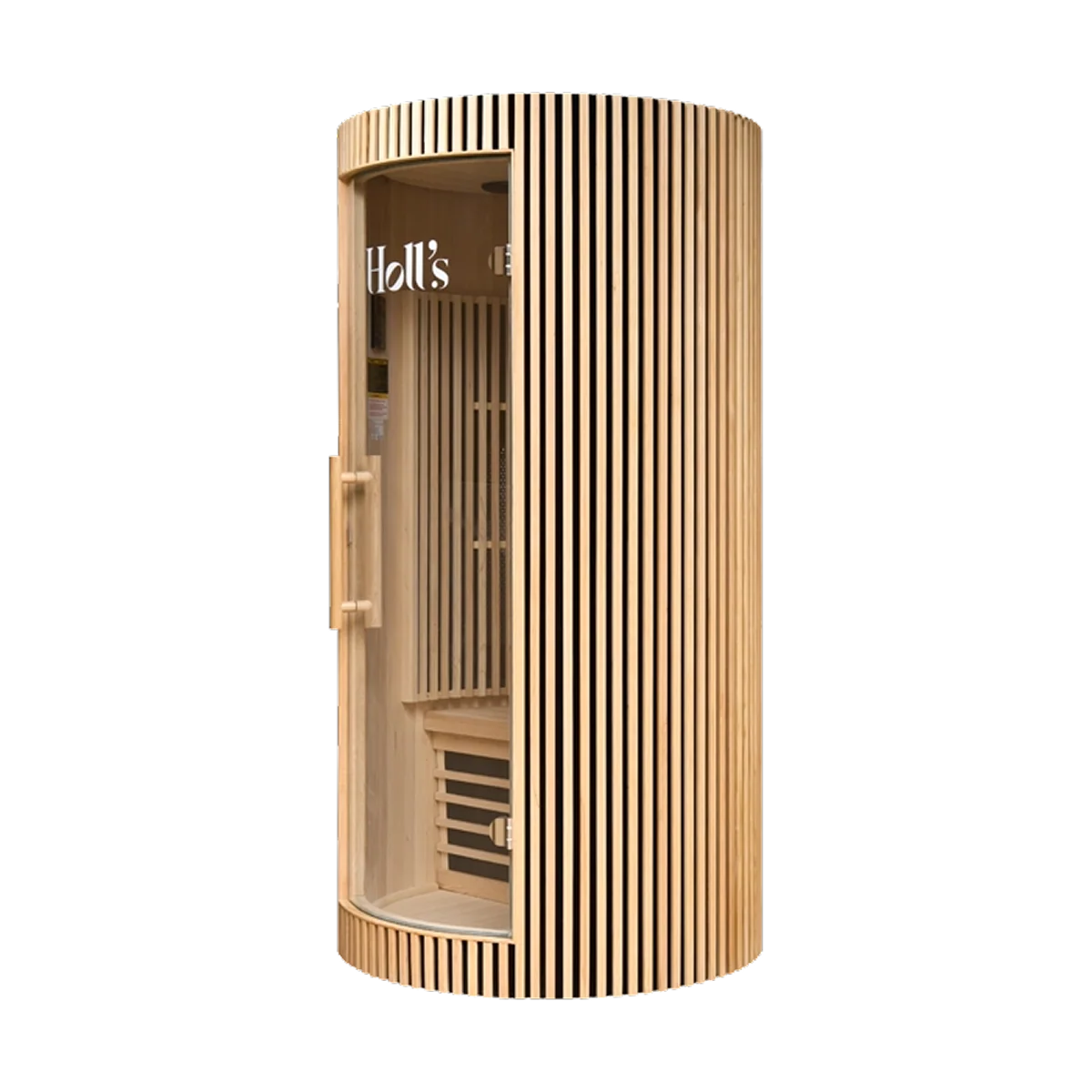 A modern cylindrical Holl's Moon 1 wooden sauna cabin with a curved exterior wooden sauna cabin with vertical slat paneling and a glass door