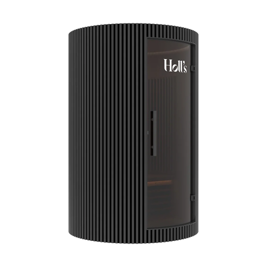 A black Holl's Moon 2: 2 Person Infrared Sauna with a glass door