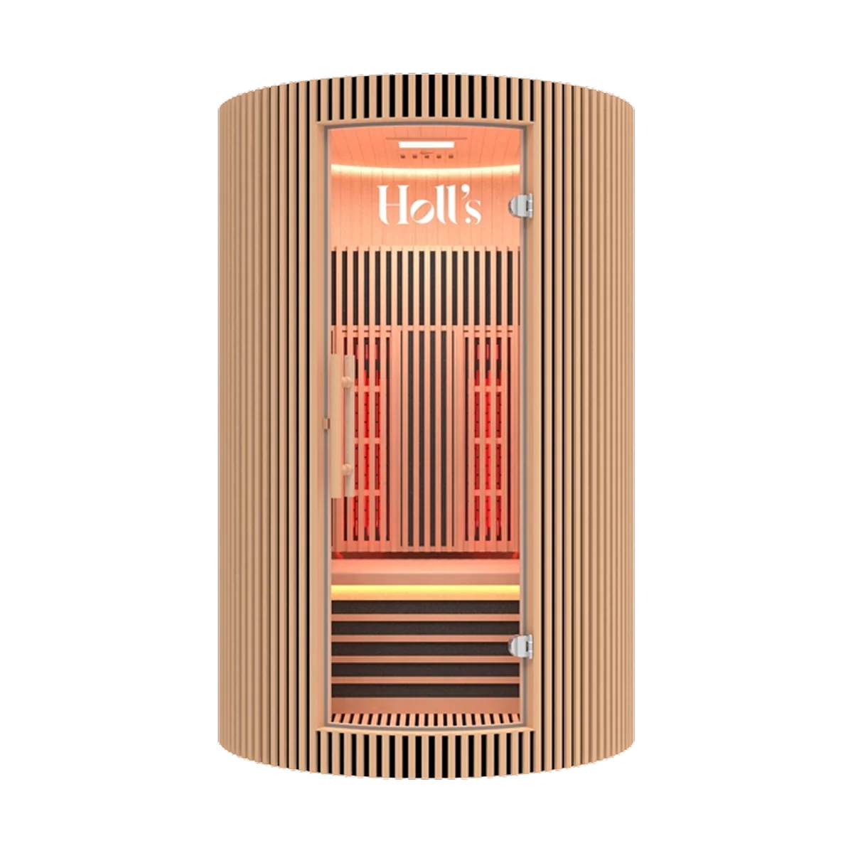 A natural wood Holl's Moon 2: 2 Person Infrared Sauna with a glass door