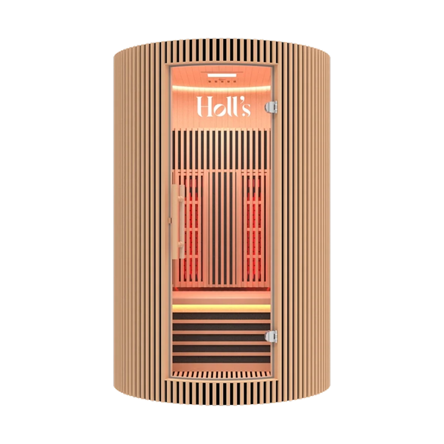 A natural wood Holl's Moon 2: 2 Person Infrared Sauna with a glass door