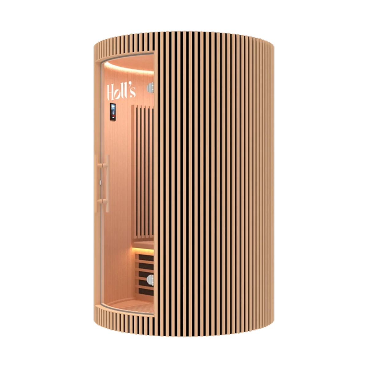 A natural wood Holl's Moon 2: 2 Person Infrared Sauna with a glass door