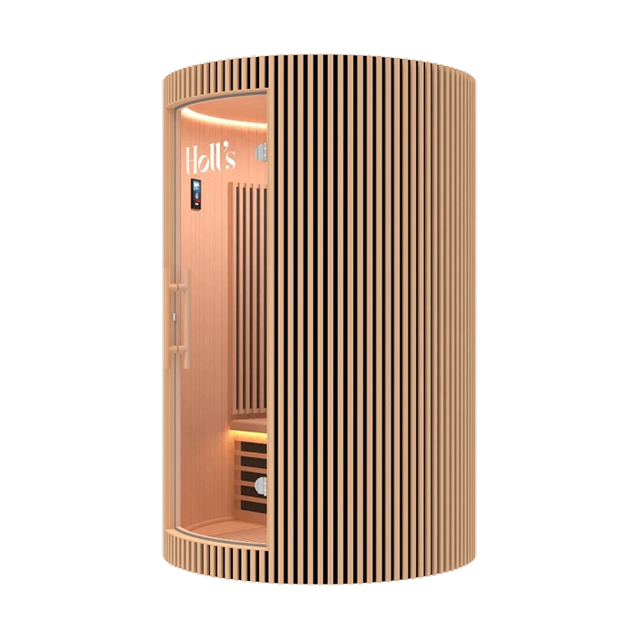 A natural wood Holl's Moon 2: 2 Person Infrared Sauna with a glass door