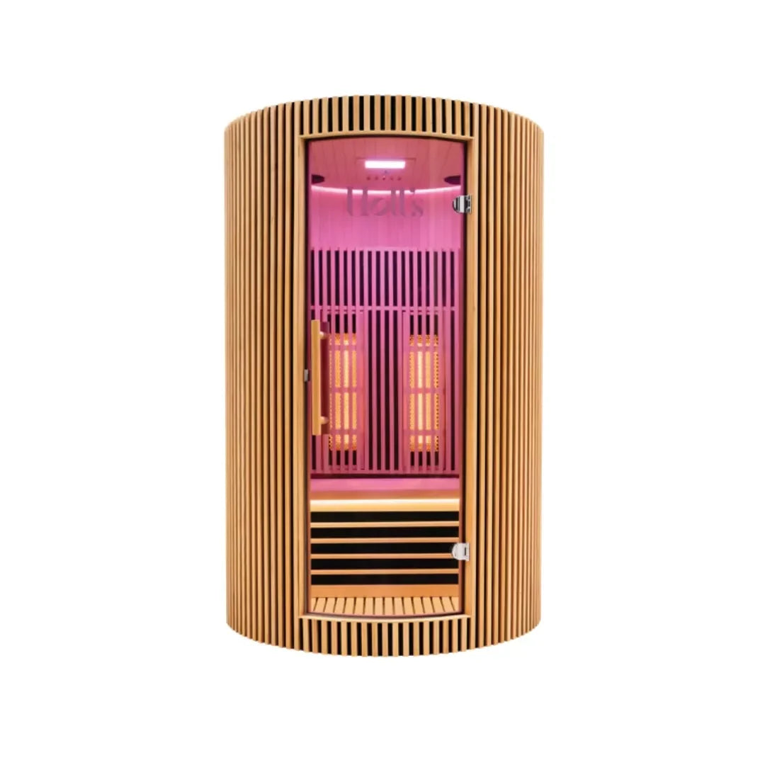 A natural wood Holl's Moon 2: 2 Person Infrared Sauna with a glass door
