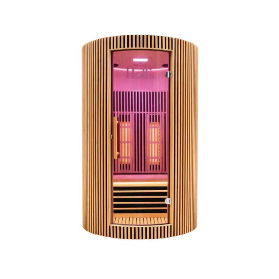 A natural wood Holl's Moon 2: 2 Person Infrared Sauna with a glass door
