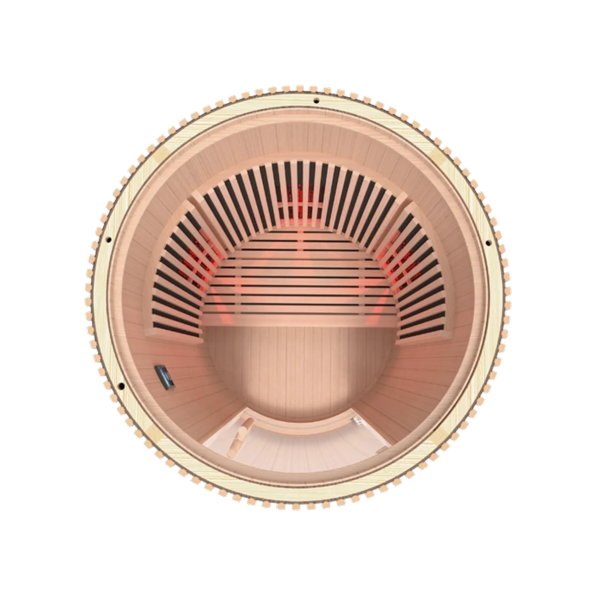 Top-down view of a circular Holl's Moon 2: 2 Person Infrared Sauna with a glass door