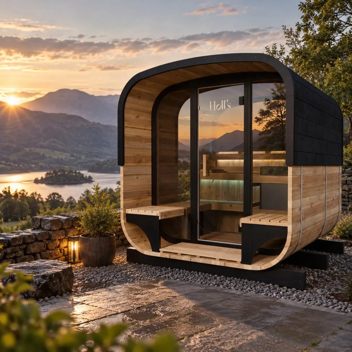 Holl's Hestia Lounge 210 outdoor sauna on a stone patio, glass door facing a mountain lake at sunset