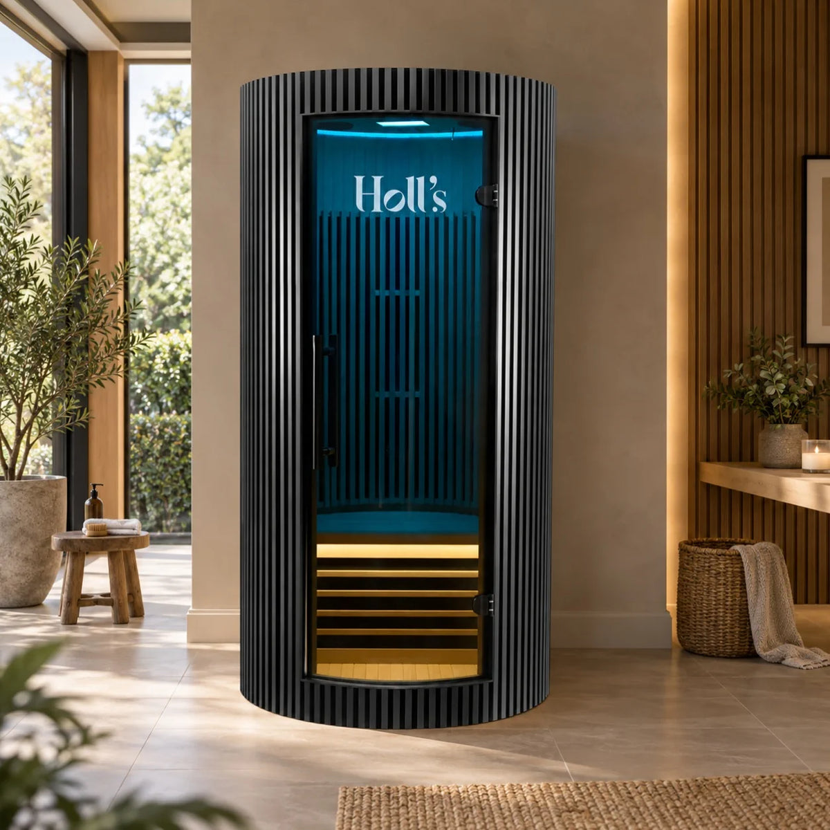 A black Holl's Moon 1 wooden sauna cabin with a curved exterior, a glass door, and LED interior lighting