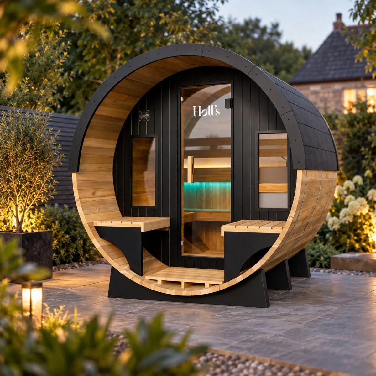 Holl's Orphée Lounge 240 barrel sauna on a stone patio with garden planting, lit in the evening