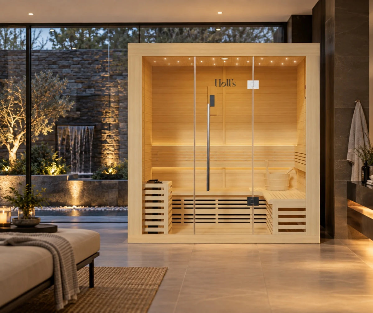 A modern wooden indoor Holl's Utopia 4 with glass doors and built-in benches, shown in a luxurious spa-like interior with warm lighting and an outdoor waterfall view.