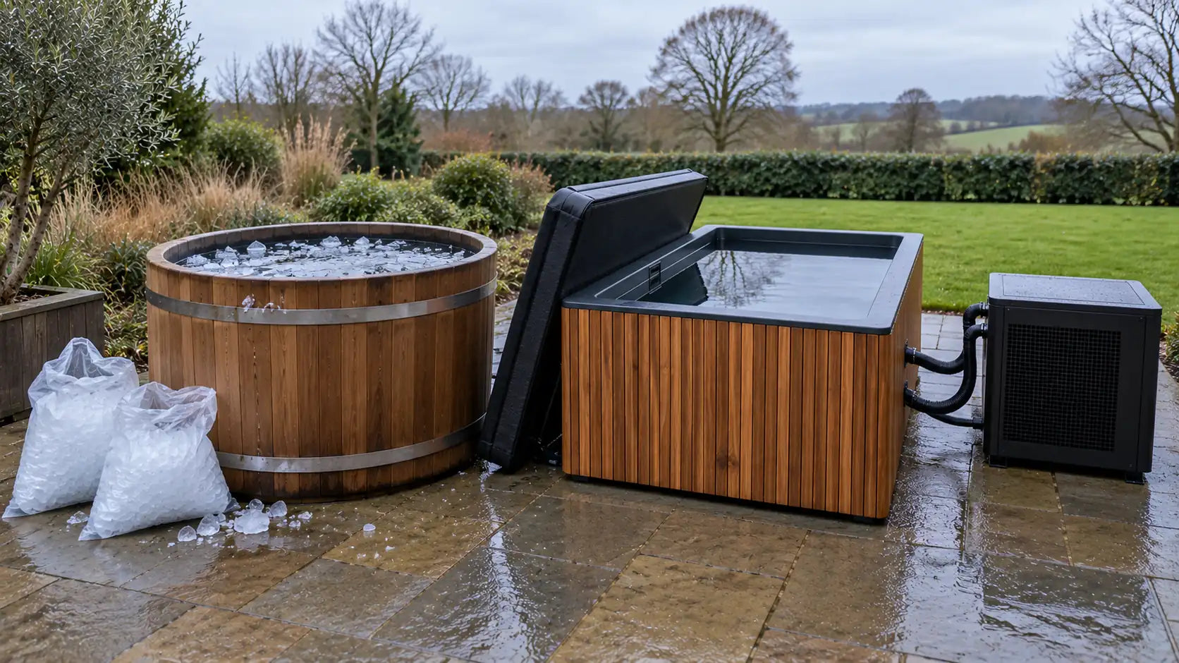 An uninsulated barrel ice bath with bags of ice beside an insulated cold plunge with a chiller