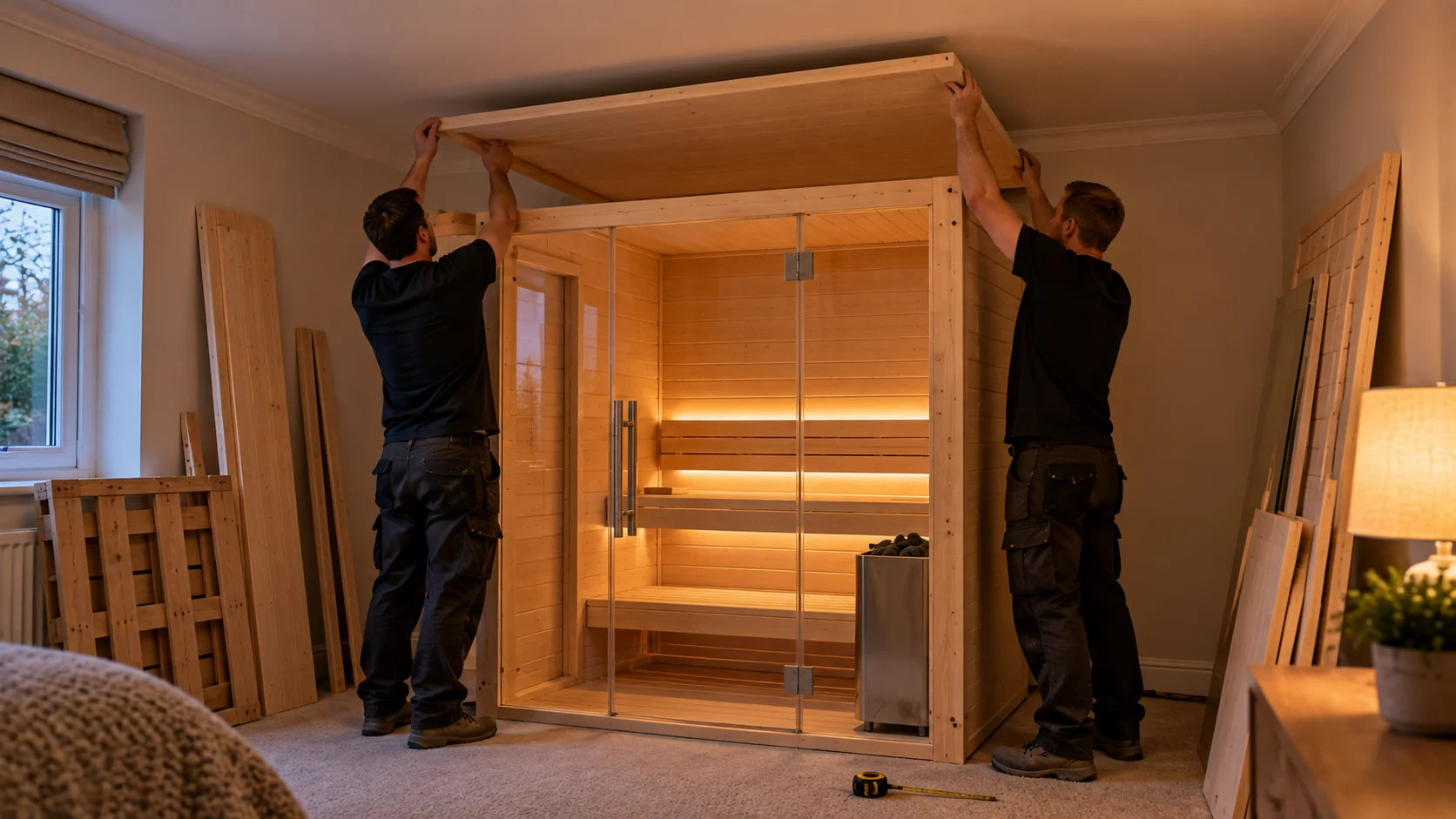 Two fitters lifting a roof panel onto a half built indoor sauna, the panel just below the ceiling