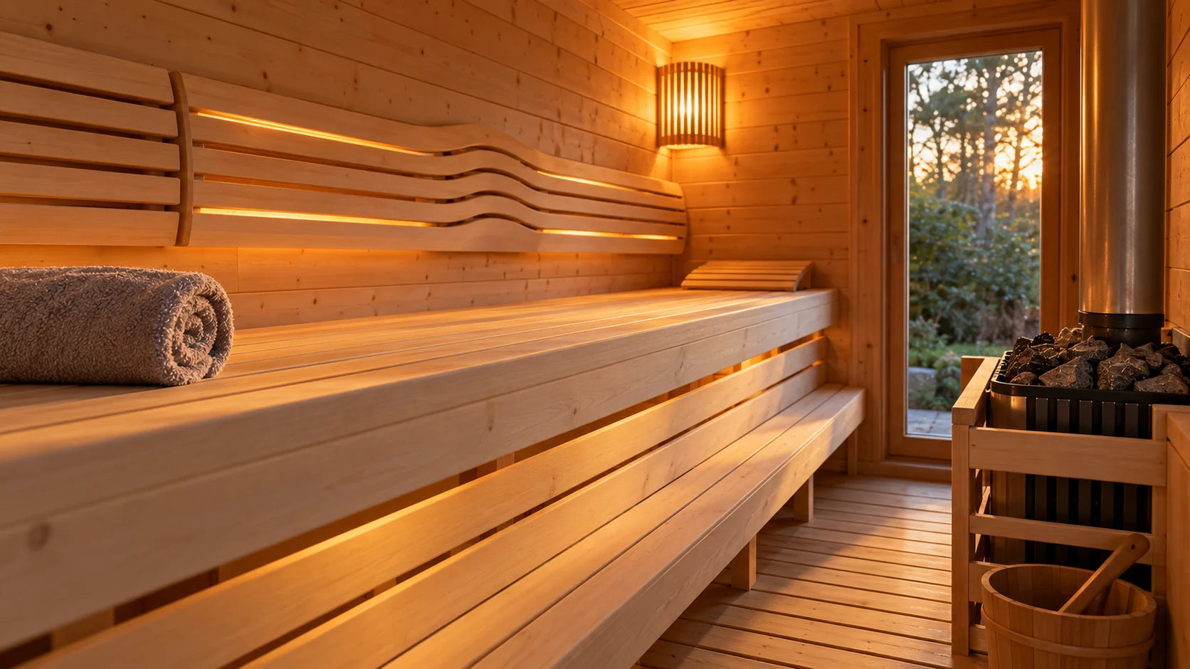 Sauna interior with a full length upper bench, a timber backrest and a rolled towel