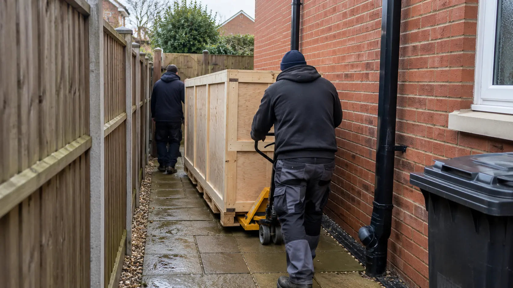 Crated sauna on a pallet truck being moved along a narrow side passage beside a house