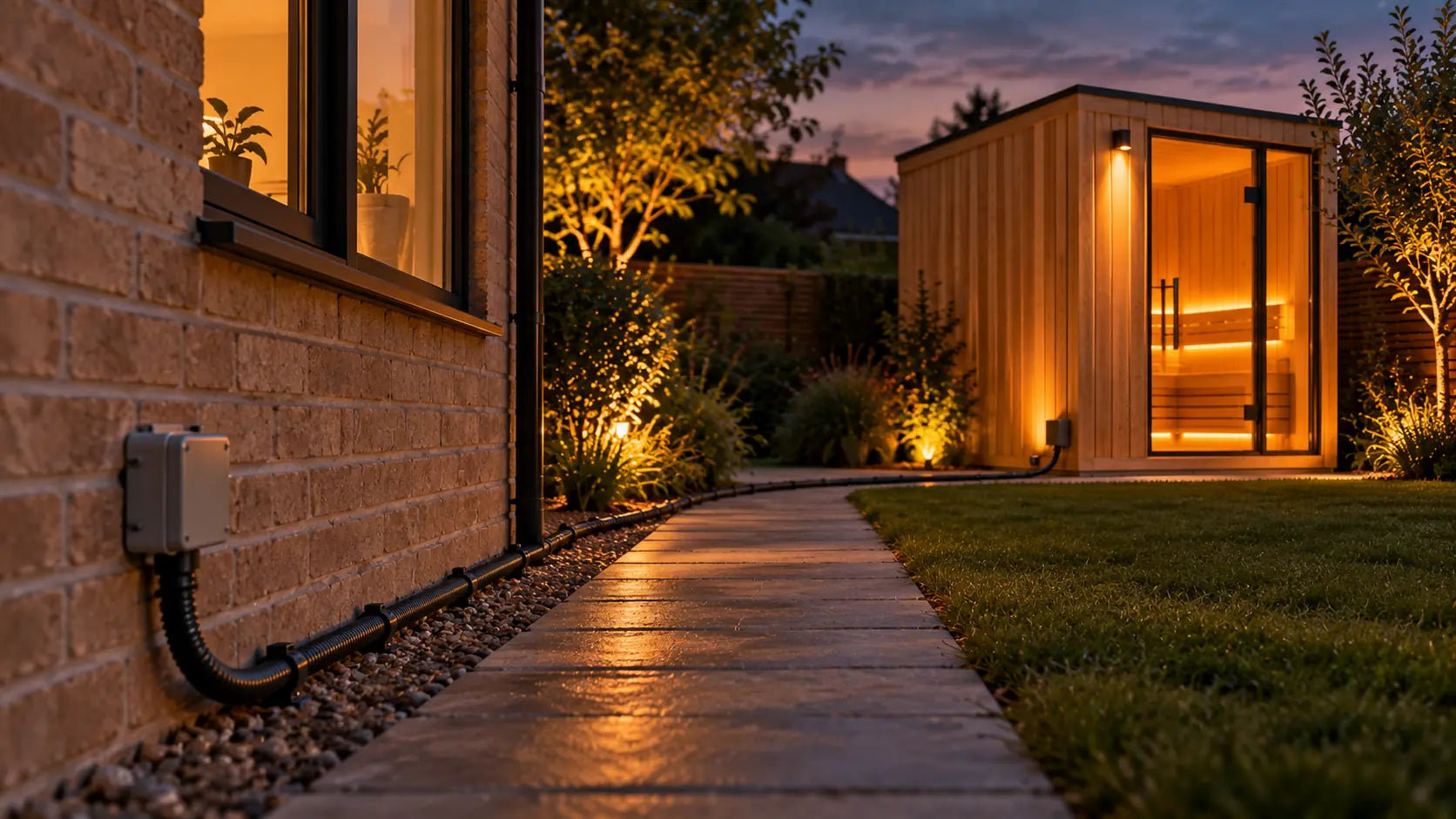 Armoured cable running from a house wall along a garden path to an outdoor timber sauna cabin at dusk