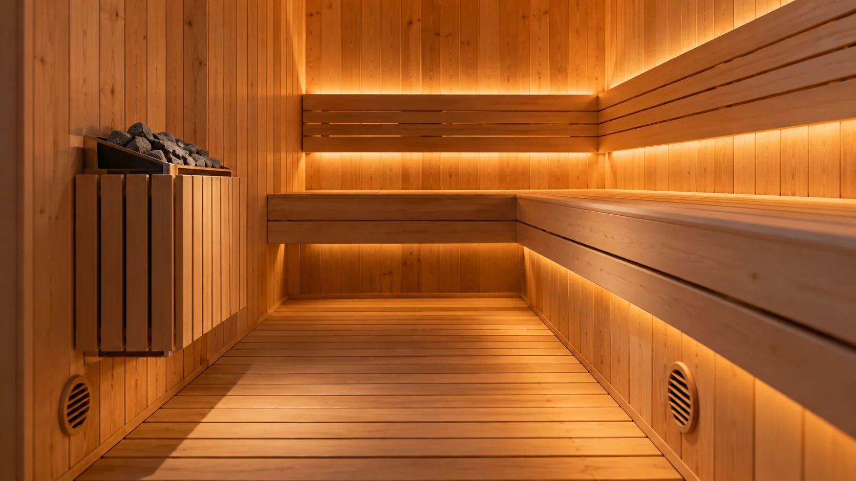 Low level vent grilles in a timber sauna, one beside the heater and one on the opposite wall under the bench