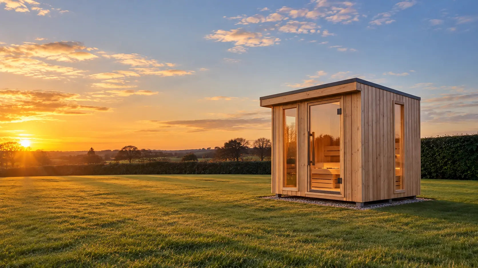 A single garden sauna cabin standing alone on a wide open lawn