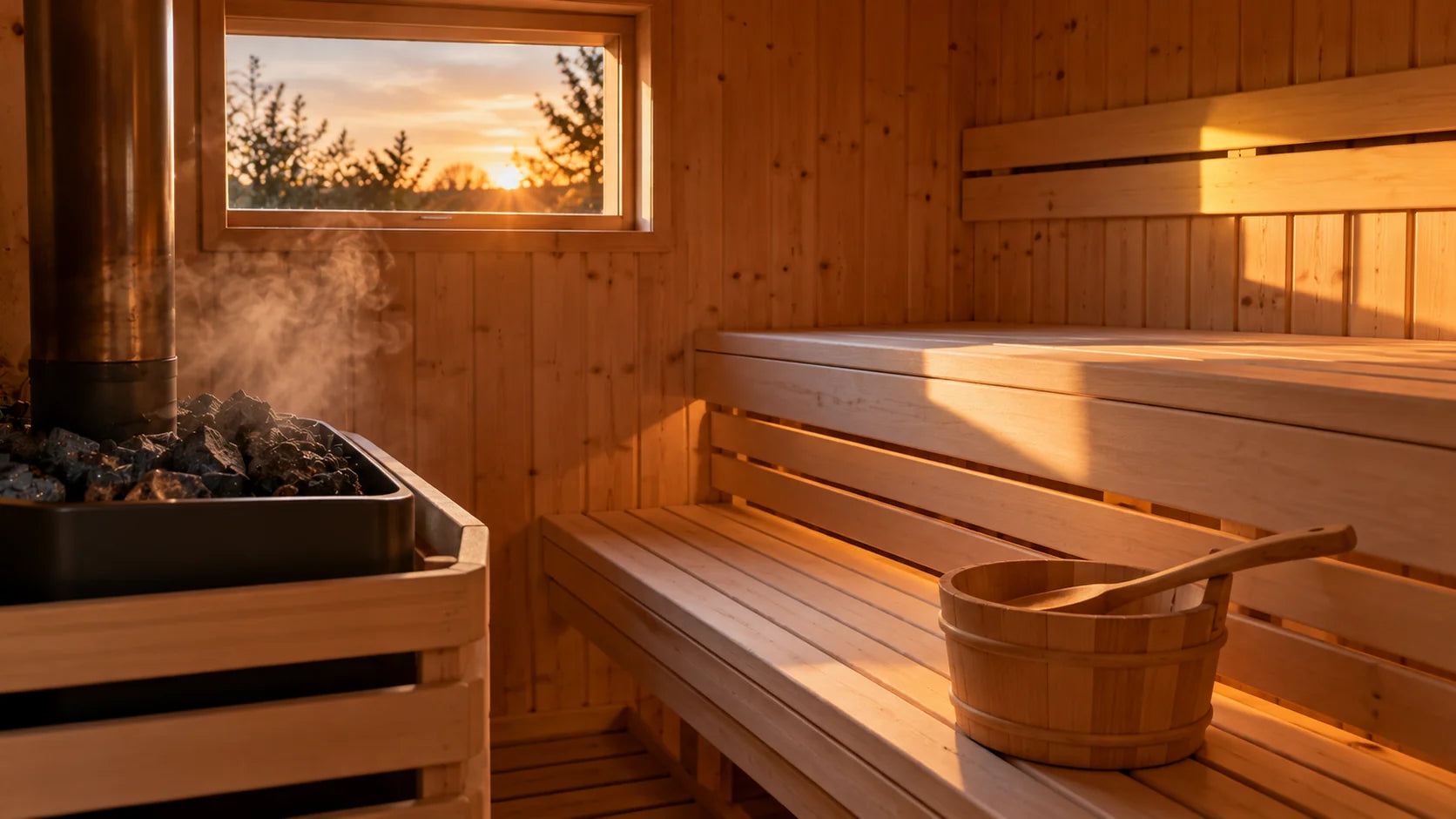 Traditional sauna interior with a ladle and bucket on the bench and steam rising from the stones
