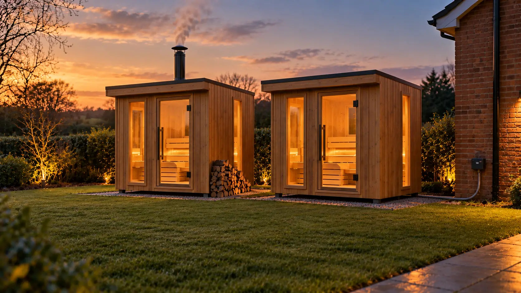 Two matching sauna cabins, one with a flue and a log stack, the other wired back to the house